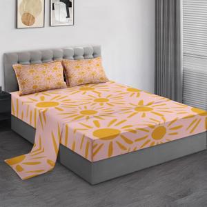 Pamnest Queen Size Bed Sheet Sets, Yellow Boho Sun Soft Microfiber 4 Pcs Bedding Sets for Kids and Adults Bedroom Bed Decor, Bohemian Summer Sunshine Flat, Fitted Sheet and 2 Pillowcases