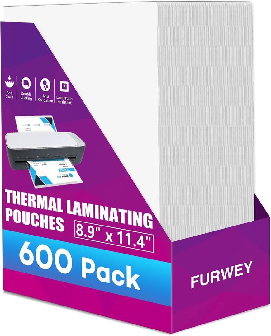 FURWEY 600 Pack Laminating Sheets, Holds 8.5 x 11 Inch Sheets, 3 mil, 8.9" x 11.4" Thermal Laminating Pouches Lamination Sheet Paper for Laminator, Clear, Letter Size, Office and School Supplies
