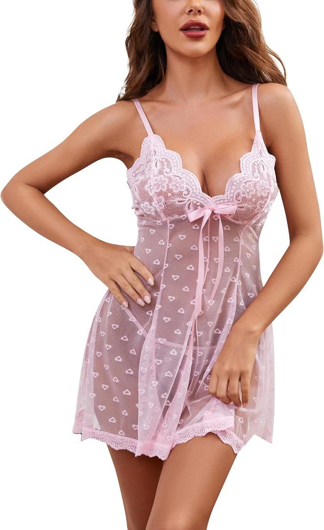 Women's Sexy lingerie Sheer Heart Print Lace Babydoll Nightgown Black (Pink, XL)
