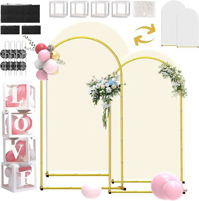 SuuWoee Arch Backdrop Stand Set of 2 With Cover (7.2FT+6FT) Gold Metal Wedding Arch Balloon Stand With Cover for Birthday Party Baby Shower Graduation Ceremony Decoration, 
White + Cream