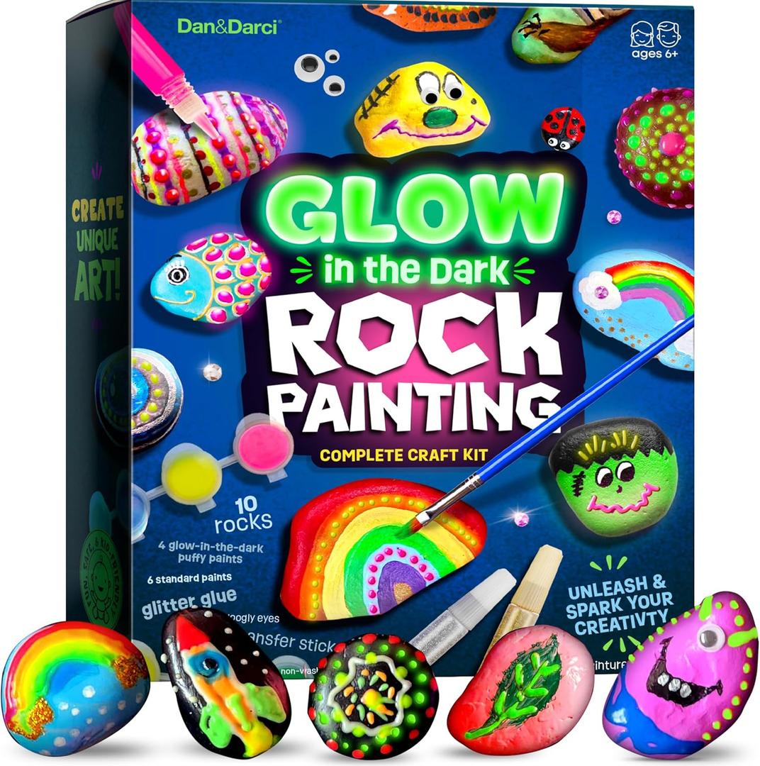 Dan&Darci Kids Rock Painting Kit - Glow in The Dark - Christmas Gifts Arts & Crafts for Boys and Girls Ages 6-12 - Craft Activities Kits - Creative Art Toys for 6-12 Year Old Kid