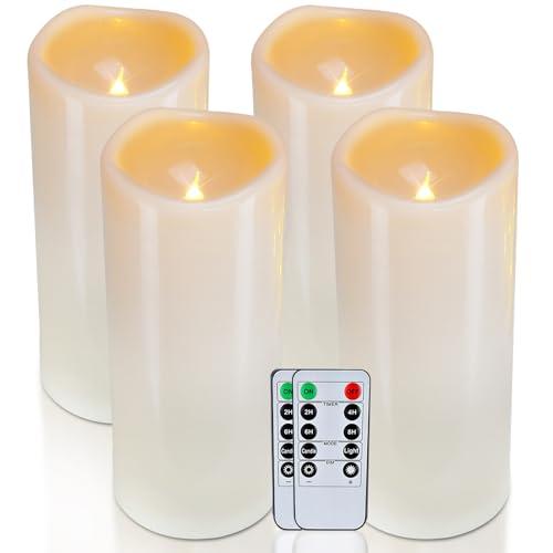 Homemory 4" x 10" Large Waterproof Outdoor Flameless Candles, Battery Operated LED Pillar Candles with Remote and Timers for Indoor Outdoor Lanterns, Long Lasting, Dark Ivory, Set of 4