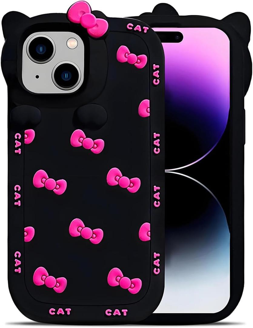 Cute Case for iPhone 13/14 6.1'', Black Kawaii Funny 3D Bow Cartoon Silicone Cat Phone case, Aesthetic Soft Shockproof Classic Protective Cover for Women Girls, and Kids