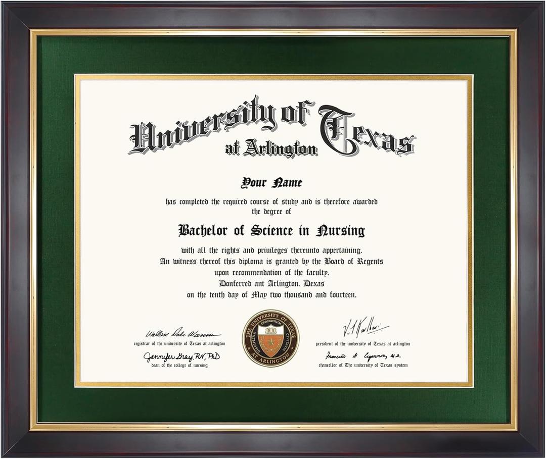GMFrames 11x14 Wood Diploma Frame with Green Mat or Display 14x17 Certificates without Mat,UV Protection Acrylic,Deep Brown Finish with Gold Trim