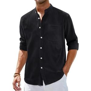 Alimens & Gentle Men's Cotton Linen Shirts Long Sleeve Button Down Shirt Band Collar Beach Shirts 5XL