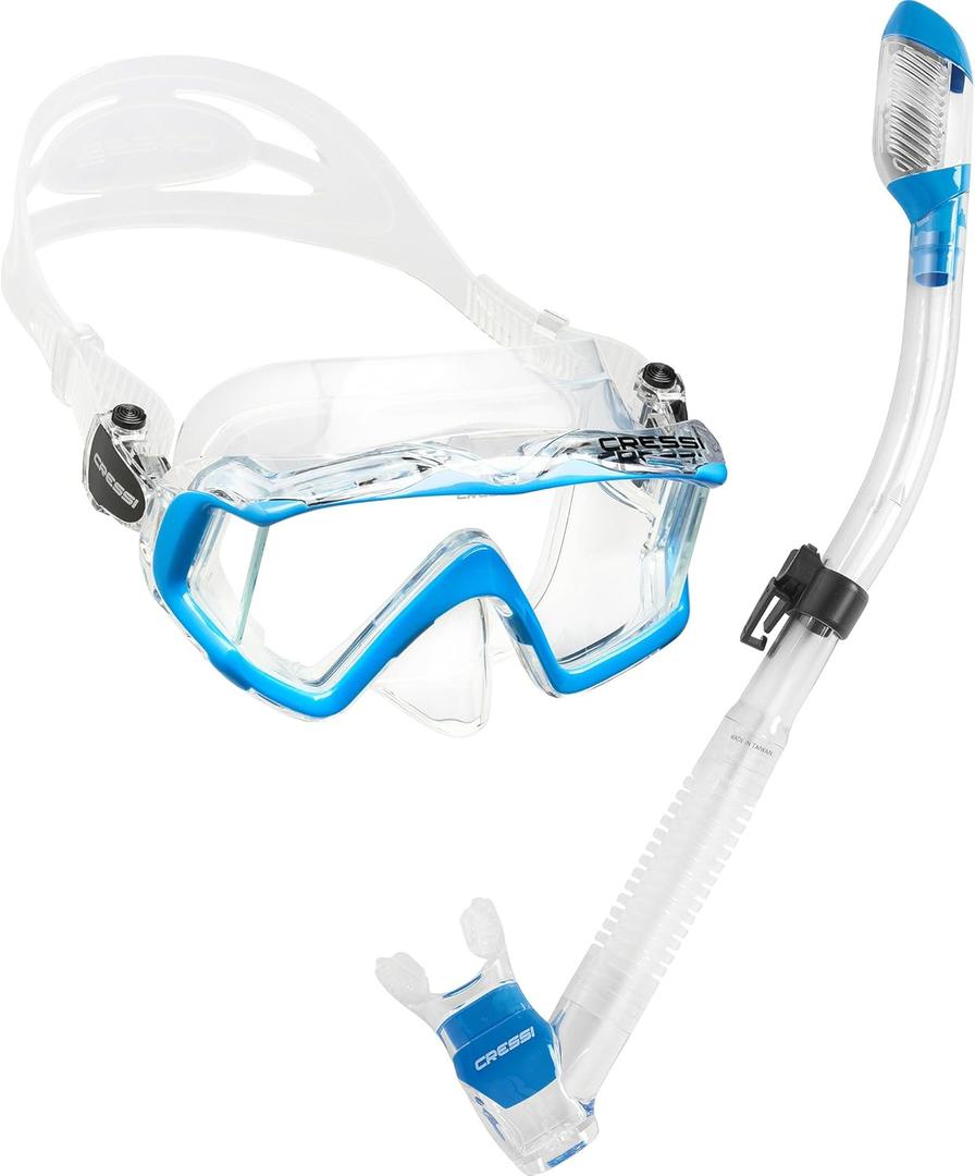 Cressi Panoramic Wide View Mask & Dry Snorkel Kit for Snorkeling, Scuba Diving - Pano 3 & Supernova Dry: Designed in Italy (Clear/Blue)