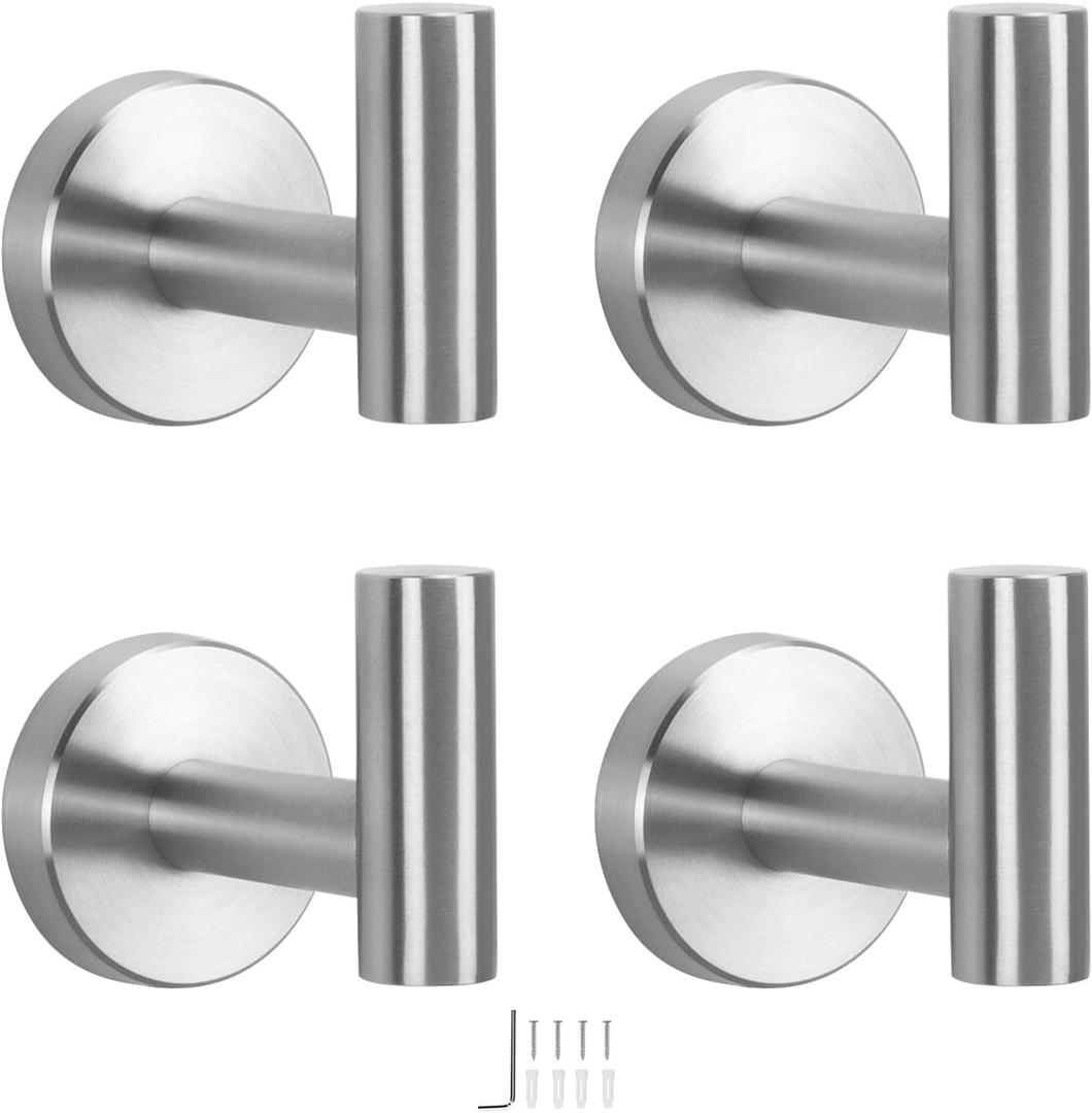 NearMoon Bath Towel Hooks- SUS 304 Stainless Steel Robe Hook Holder, Heavy Duty Coat Hook for Bathroom Livingroom Hotel Kitchen Garage, Wall Mounted- 4 Pack (Brushed Nickel)
