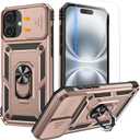 Goton Compatible for iPhone 16 Plus Case with Screen Protector - Slide Camera Cover Protective Phone Case with Ring Stand, Heavy Duty Shockproof Rugged Bumper for iPhone 16 Plus Accessories Rose Gold