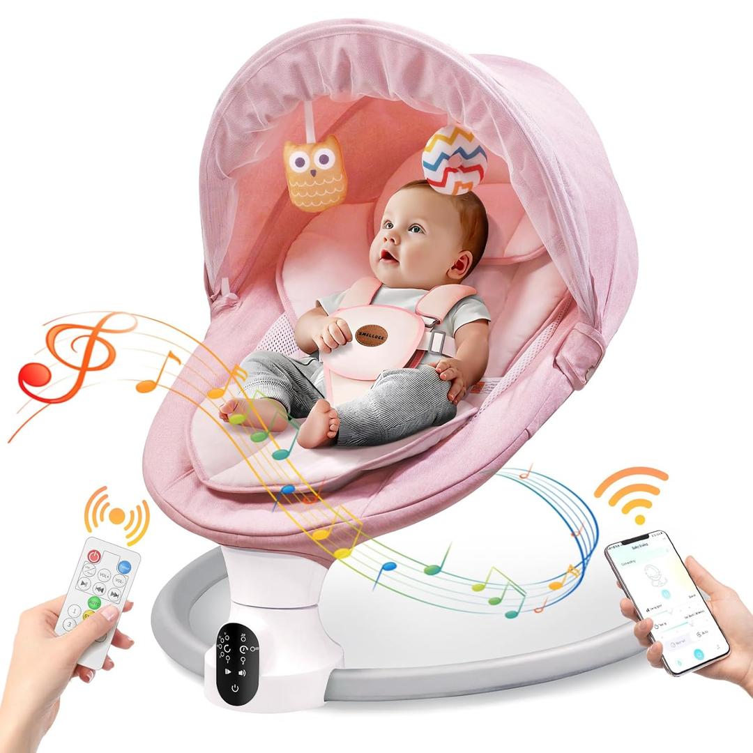 Baby Swing for Infants - Electric Baby Rocker with Exclusive App Function, Upgraded 5 Point Harness, Bluetooth Support, 10 Preset Lullabies and 5 Speeds, Portable Swing for Baby Boy GirlPink