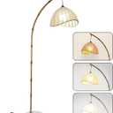 Vintage Bamboo Floor Lamp, Arc Bohemian Floor Lamps with 3 Color Temperatures, Rattan Tall Lamp for Living Room and Bedroom (Marble Base)