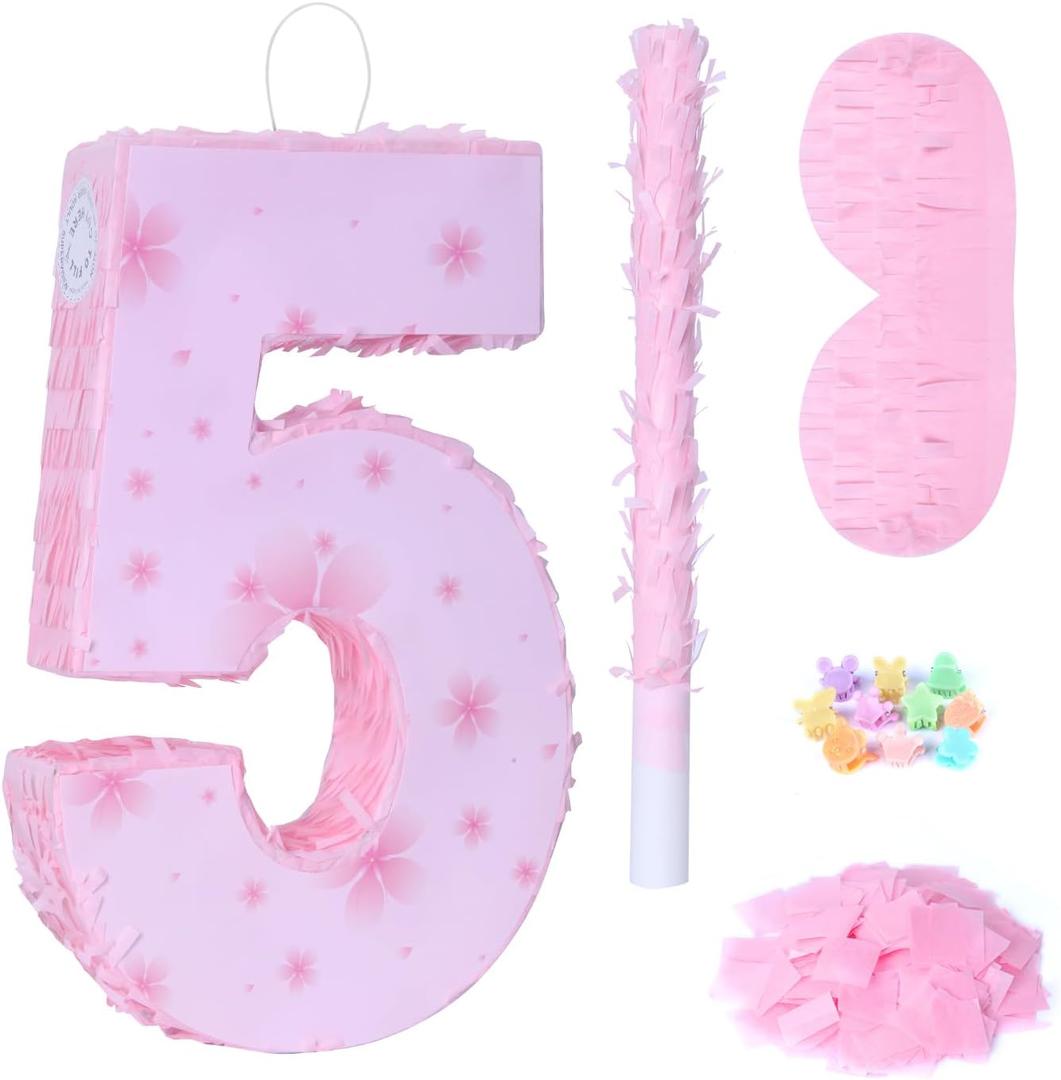 Pink Number 5 Piata with Pinata Stick & Blindfold for Kids Girls Boys 5th Birthday Party Decorations Carnival Games with Hair Claw Clip Gift (Number 5)