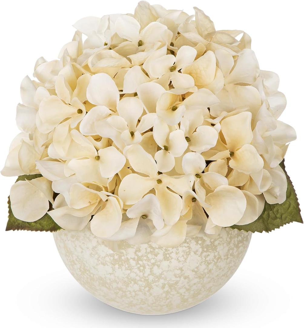 Hollyone White Hydrangea Artificial Flowers with Glass Vase Silk Fake Hydrangeas Faux Flowers Arrangements Floral Bulk Bouquet for Wedding Party Boho Home Decor Table Centerpiece Decorations