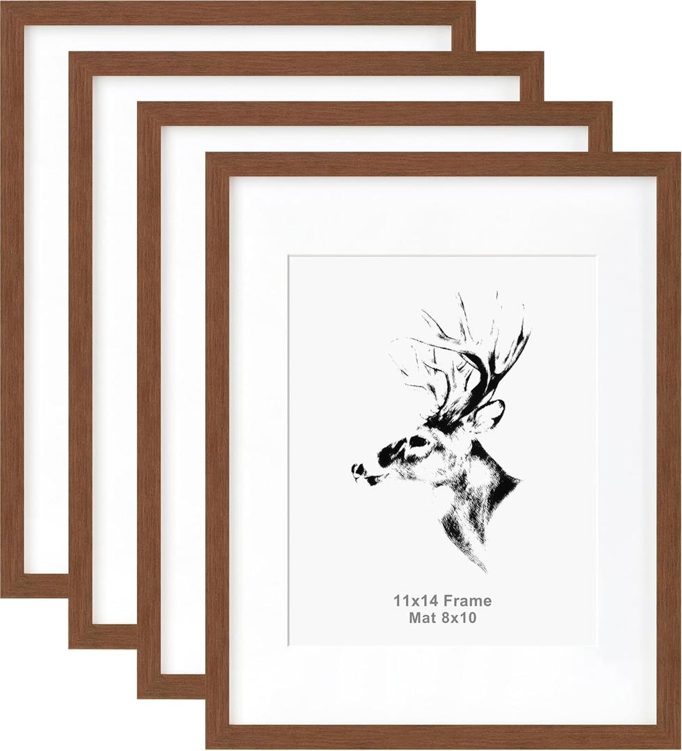 Yaetm 11x14 Picture Frame with Mat for 8x10 Set of 4, Walnut Brown, Solid Wood Photo Frames 11x14 with Tempered Glass, Display Horizontal and Vertical for Wall Mounting (4 pack, Walnut)
