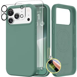 GONEZ Magnetic for iPhone 17 Pro Case, Compatible with MagSafe, [Screen Protector + Camera Lens Protector], Liquid Silicone Anti-Scratch Shockproof Protective Phone Case 6.3 inch, Midnight Green