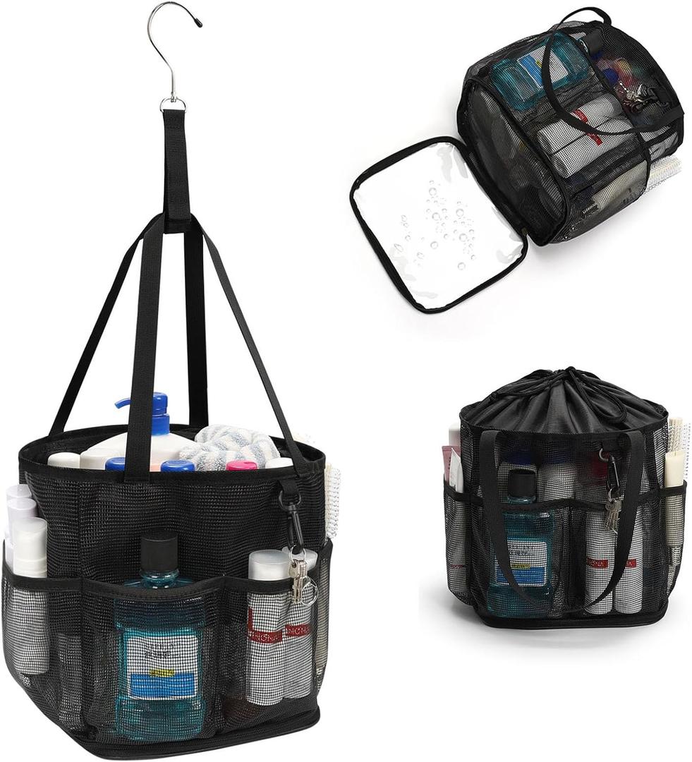 Mesh Shower Caddy Portable for College Dorm Room Essentials, Shower Tote Bag with Hanging Hook and Drawstring, Quick Dry Toiletry Bag with 6 Pockets for Bathroom, Swimming, Gym, Camping, Beach, Travel (Black)