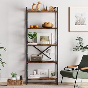 Vongrasig 5 Tier Bookshelf, Modern Tall Bookcase, Industrial Book Shelves Display Standing Shelf, Free Standing Storage Organizer for Bedroom, Living Room, Rustic Brown