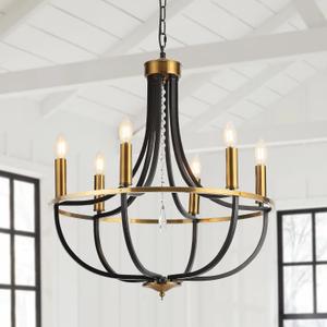 Black and Gold Chandelier 23.6in 6-Lights Living Room Light Fixture for Dining Room Ceiling Large Chandelier Lamp Pendant Lighting Mid Century Modern Candle Style