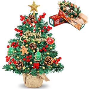 2FT Tabletop Mini Christmas Tree, 24 Inch Small Artificial Christmas Tree with Warm LED Lights, Star Treetop, DIY Ornaments, New Xmas Pine Tree Decoration for Kid Friend Family Holiday Home Office