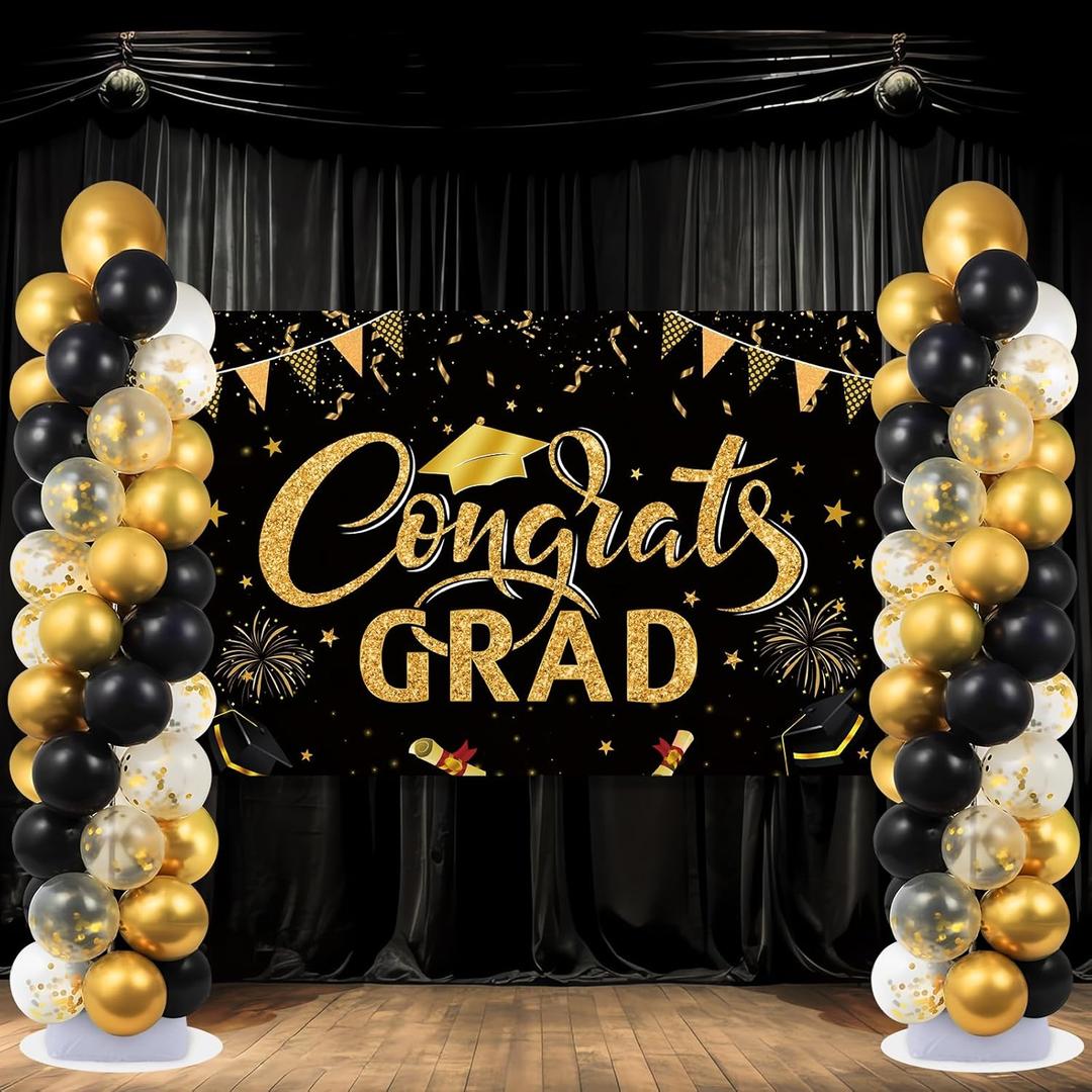 2 Sets Graduation Balloon Column Stand Kit with Congrats Grad Backdrop and 100 Black Gold Balloons Adjustable Balloon Tower Stand with Bases for Floor 2025 School Grad Birthday Party Decor