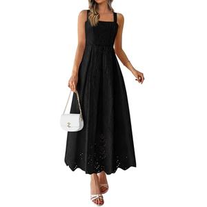 PRETTYGARDEN Womens Sleeveless Maxi Summer Dresses 2026 Hollow Out Eyelet Square Neck Ruffle Flowy Beach Vacation Sundress (Black,Large)