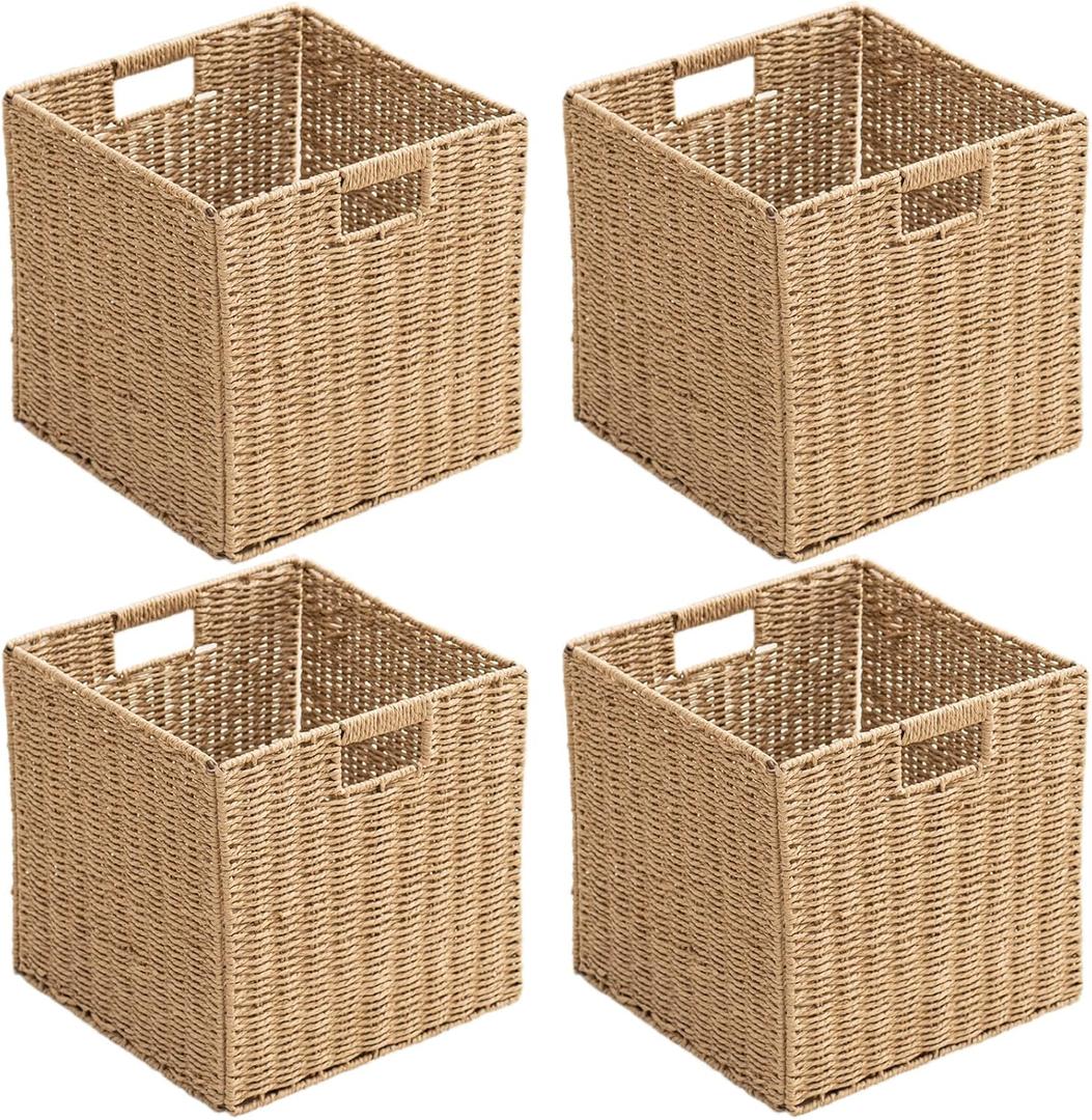 Handwoven Paper Woven Cube Basket Organizer with Handles set of 4 Foldable Storage baskets for Bedroom Living Room Cubby Storage Units for Clothes Books Toys (Natural, 13" L x 13" W x 13" H)