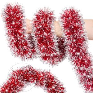 50FT Red White Christmas Tinsel Garland, Metallic Twist Xmas Garlands for Christmas Tree Decorations, Holiday Hanging Garlands for Mantel Staircase Indoor Outdoor Home Office Party Holiday Decor