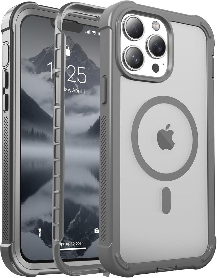 Magnetic for iPhone 13 Pro Max Case, [Compatible with MagSafe][Military Grade Drop Protection][Heavy Duty Protection][Non-Slip][Shockproof] 2-Layer Durable Bumper Phone Case 6.7''-Gray