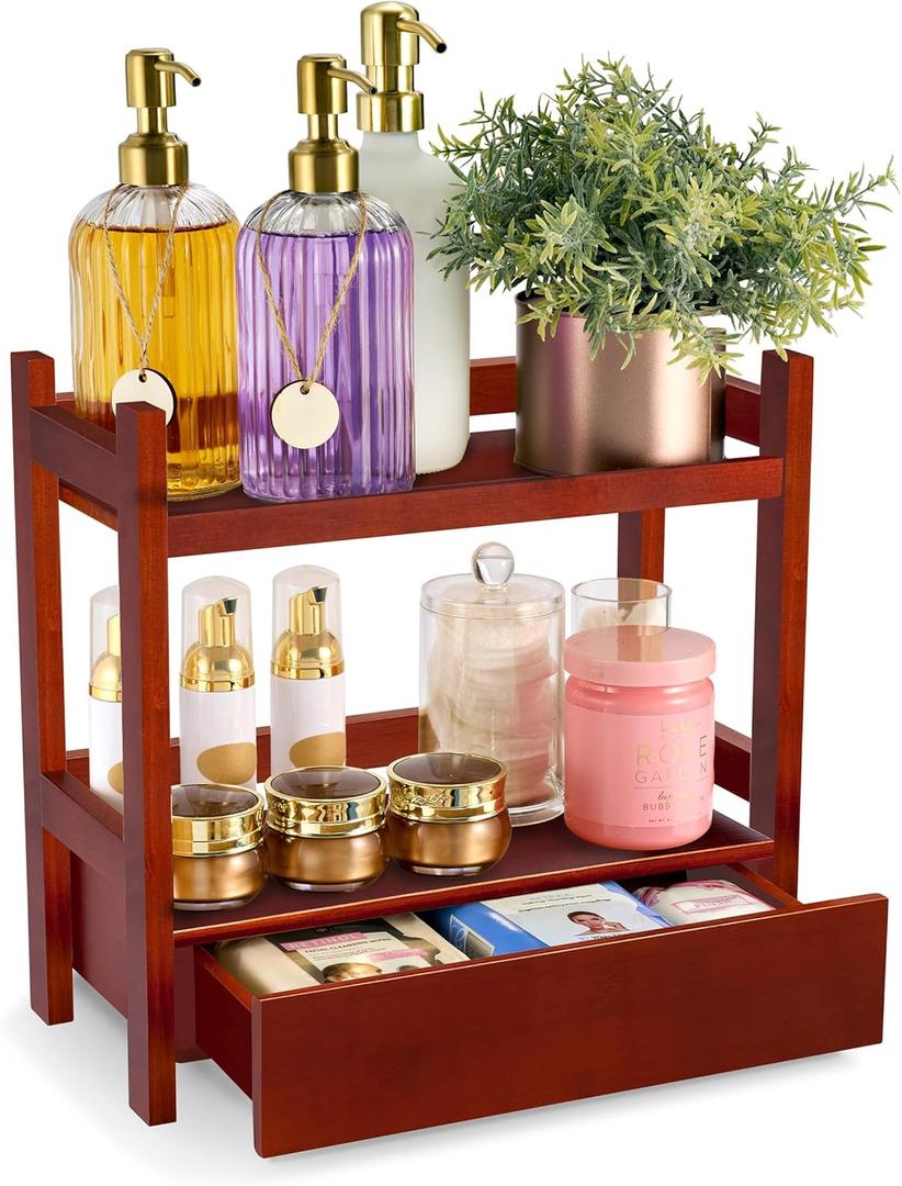 Sorbus Bamboo Bathroom Counter Organizer  2-Tier Shelf with Hidden Drawer for Vanity, Matcha Station, Bathroom Sink Organizer Countertop, Kitchen & Office Storage (13Lx6.5Wx12.6H) (Brown) (Espresso)