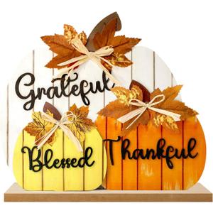 Fall Decorations for Home, Wooden Pumpkin Tabletop Sign Blessed Grateful Thankful Fall Decor for Home Farmhouse Living Room Harvest Day Thanksgiving Decor