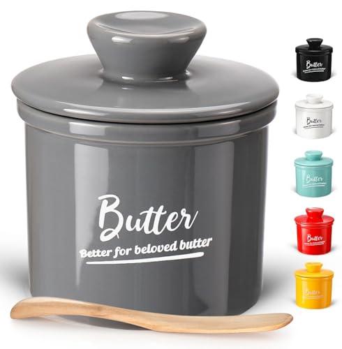 Butter Keeper Crock with Water,Ceramic Butter Crock for Counter – Keeps Butter Soft & Fresh for 2-5 Weeks, Butter Crock with Lid for Countertop with Seal Ring and Knife(Grey)