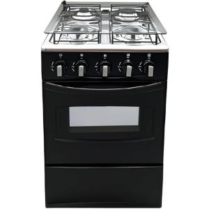 20" Freestanding LPG Oven - Equipped with 4 coil burners and Gas Stove with stainless steel 50L oven (Black: Automatic ignition)