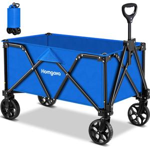 Collapsible Folding Wagon Heavy Duty, Foldable Utility Cart with Wheels, Large Capacity, for Grocery Outdoor Camping Beach Gardening Shopping Fishing, Blue  