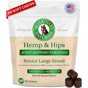 Vet Naturals Hemp & HIPS - Dog Joint Supplement Large Breed - Senior Dog Supplements - Glucosamine and Chondroitin Supplement - MSM & USA Grown Hemp Oil (60ct-Beef and Bacon) (10.56 Ounce (Pack of 1))