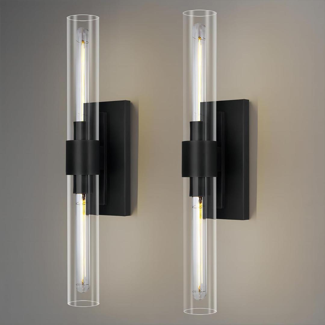 Black Wall Sconces, 22.8" Bathroom Sconces, Sconces Wall Lighting 2-Light, Bronze Wall Sconces Set of Two, Vanity Lights Tube Sconce, Glass Wall Sconce for Living Room, Bedroom, Hallway