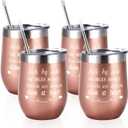 Friends Wine Tumbler Set of 4, Side By Side or Miles Apart Friends Are Always Close at Heart Wine Tumbler for Long Distance Friendship, 12 Oz Stainless Steel Insulated Wine Tumbler with Lid and Straw (1-Rose Gold 4 Pack)
