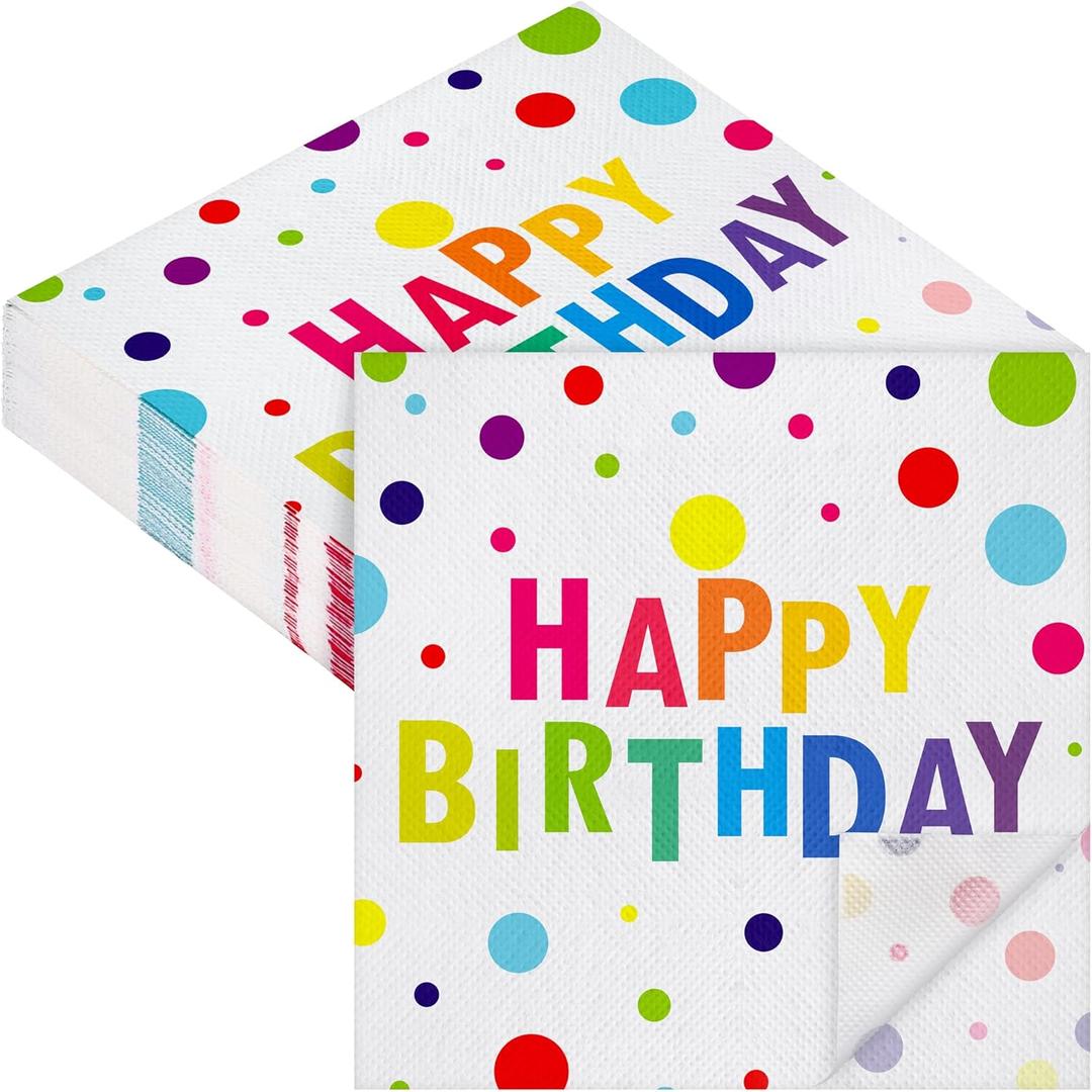 Aodaer 48 Pieces Happy Birthday Paper Napkins Disposable Rainbow Napkins Colorful Cocktail Dinner Napkin Set 13" x 13" Unfolded Tableware Napkin for Rainbow Party Supplies Birthday Party Decoration