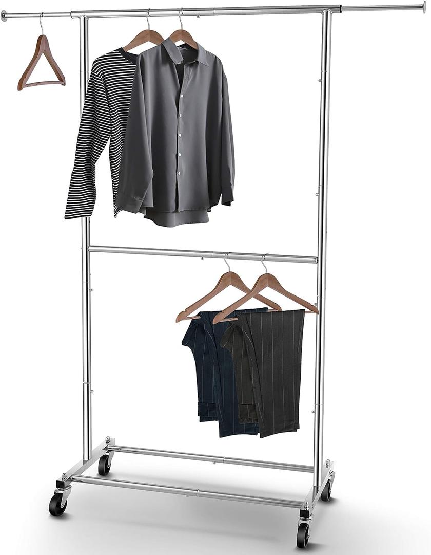 Simple Trending Double Rod Clothing Garment Rack, Rolling Clothes Organizer on Wheels for Hanging Clothes, Chrome