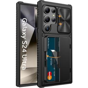 Vihibii for Samsung Galaxy S24 Ultra Case with Card Holder (4 Cards) & Slide Camera Cover & Kickstand, Shockproof Rugged Hard Back & TPU Soft Edge Wallet Case for Galaxy S24 Ultra 5G 6.8" 2024, Black