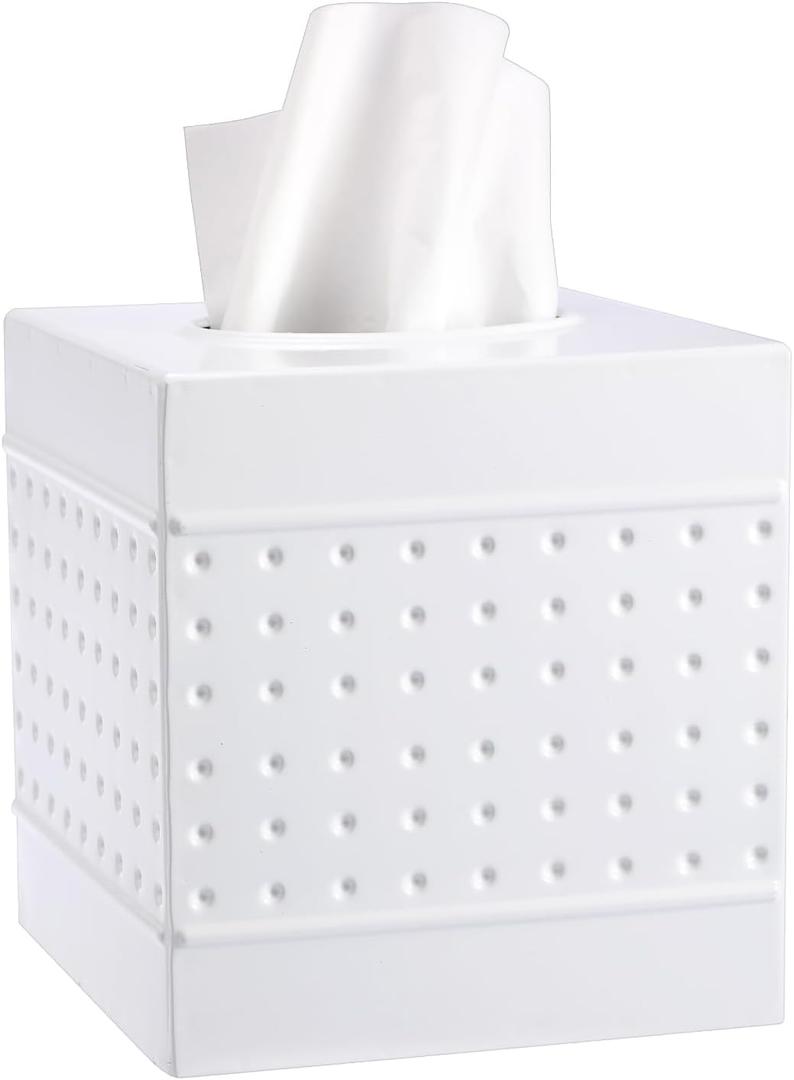 Metal Tissue Box Cover Square, Hand Hammered Tissue Box Holder, Classic White Tissue Box Cover Napkin Dispenser Accessories for Bathroom, Countertops, Dressers, Night Stand, Parlors and Office