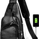 Peicees Leather Sling Bag Mens Crossbody Bag Chest Bag Sling Backpack for Men with USB Charge Port (Large, Black)