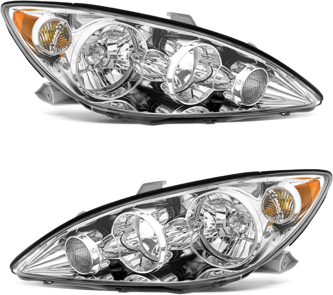 for 2005-2006 Toyota Camry Headlights Assembly Chrome Pair OE 81150-06180/8111006180, Halogen, W/O bulbs, IP67, Plug & Play, clear lens, Polycarbonate lens, Sealed