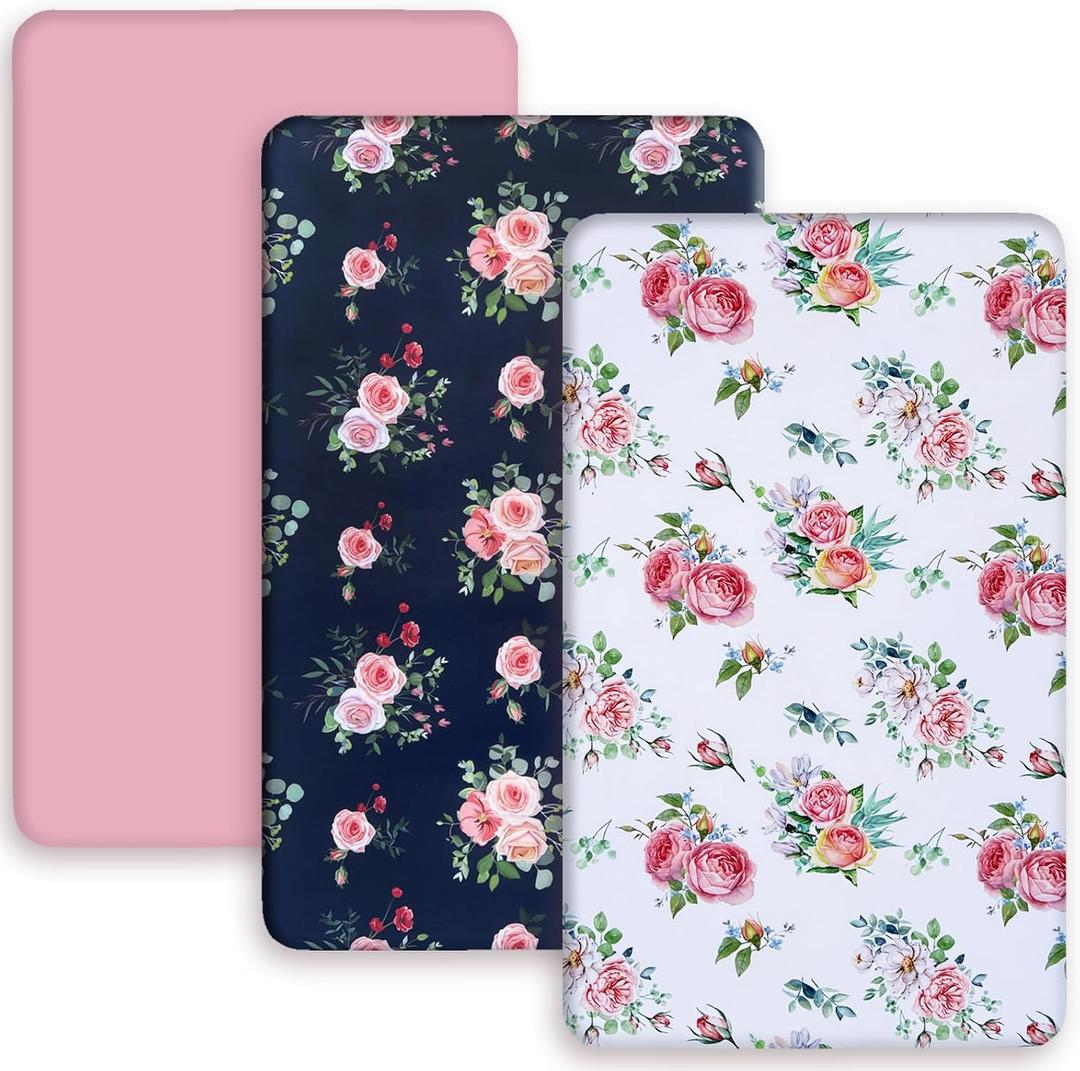 AMROSE 3 Pack Soft Floral Mini Crib Sheets, Microfiber Pack N Play Sheets Set for Baby Girls, Silk Touch Gentle, Fitted for Playard Portable Crib Mattress, Floral Theme AMROSE 3 Pack Soft Floral Mini Crib Sheets, Microfiber Pack N Play Sheets Set for Baby Girls, Silk Touch Gentle, Fitted for Playard Portable Crib Mattress, Floral Theme