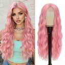 Pink Wig - Long Pink Wavy Wigs for Women Middle Part Pastel Pink 26 inch Natural Curly Synthetic Wig Heat Resistant Fiber Wigs for Daily Party Use