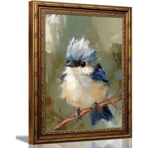 Dougepce 3D Texture Oil Painting,Vintage Gold Framed Wall Art,Blue Bird Wall Art Canvas Prints, Birds on Tree Pictures Wall Decor, Birds Artwork Paintings for Bedroom Wall Decor (Blue 24''Lx16''W)