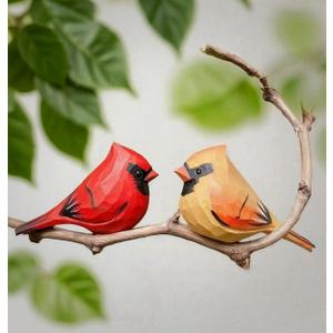 Handmade Wood Cardinal Figurines Set of 2-3.7" Carved Red Bird Statues, Male & Female Cardinals for Home Decor, Christmas Decorations, Memorial & Bird Lover Gifts