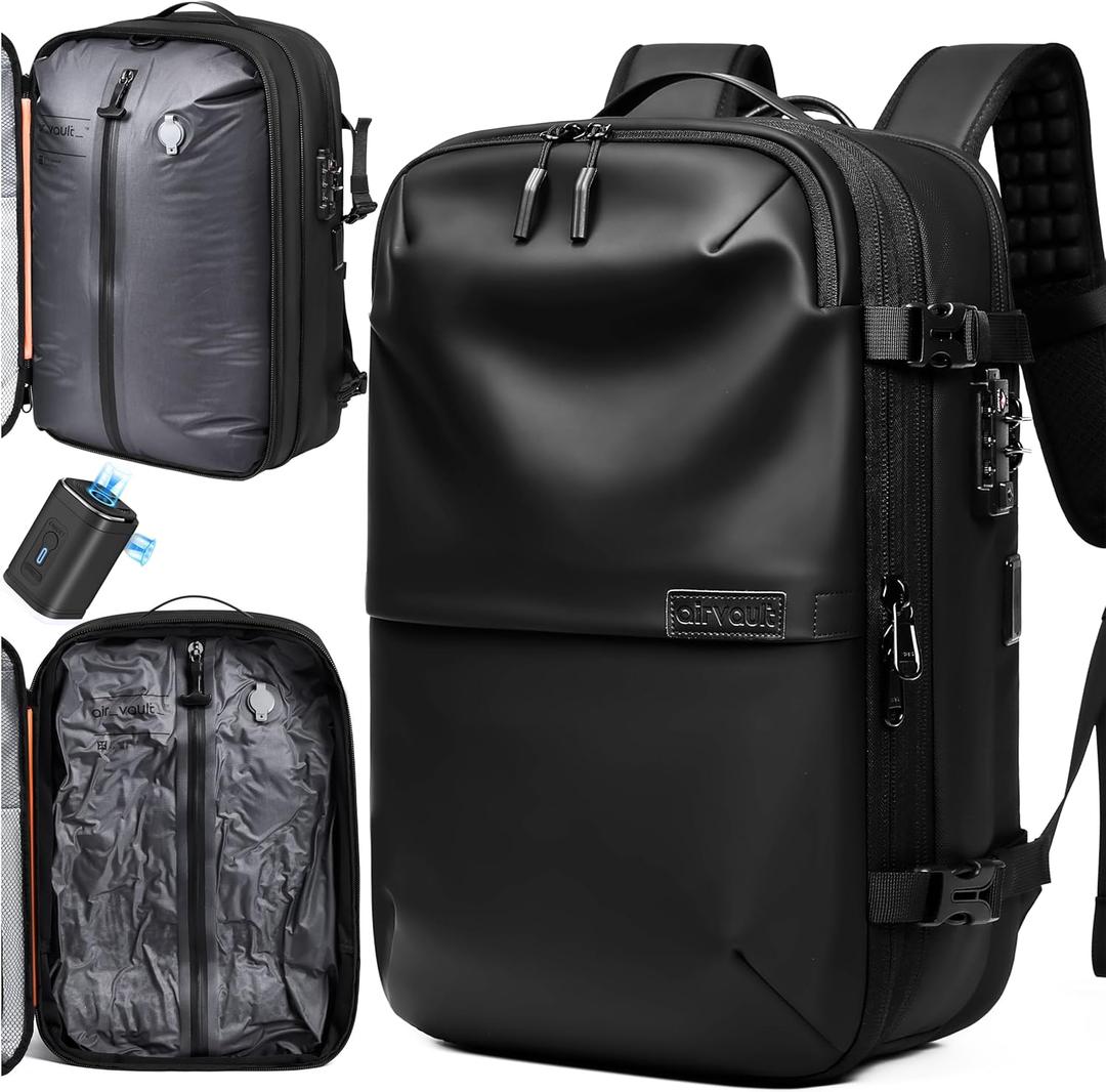 AirVault Vacuum Seal Travel Backpack 60L - Expandable Air Compression Vacuum System, Airback, Vacpack, Water-Resistant, Carry-On with TSA Lock Fits 19" Laptop, Backvac (Black)