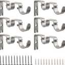 Double Curtain Rod Bracket,6 Pack Metal Curtain Rod Holders for Wall,Sturdy Curtain Rod Brackets for 1 Inch Curtain Rod,Silver Wall Mounted Curtain Rod Hooks for Bedroom Living Room Patio