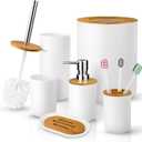 6 Pcs Bamboo and Plastic Bathroom Accessories Sets, Includes Toothbrush Cup, Toothbrush Holder, Soap Dispenser, Soap Dish, Toilet Brush with Holder, Trash Can, with 3 Pcs Toothbrushes (White)