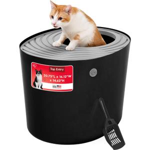 IRIS USA Cat Litter Box Large Top Entry with Lid Enclosed Covered Hooded Design Litter Catching Scatter Shield Pan Dog Proof Pet Proof Scoop Included Odor Control for Indoor Cats Kittens, Black/Gray