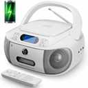 CD Cassette Player Combo, Hernpark Rechargeable Boombox with Bluetooth 5.1, CD Player with Remote Control, Tape Recording, FM Radio, Super Bass, Stereo Sound, Aux/USB Drive, Headphones Jack -White